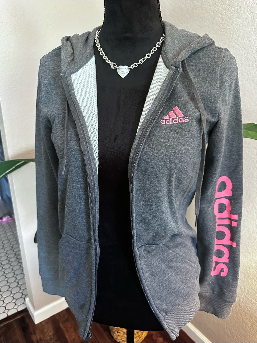 adidas Gray Zip Hoodie with Pink Logos